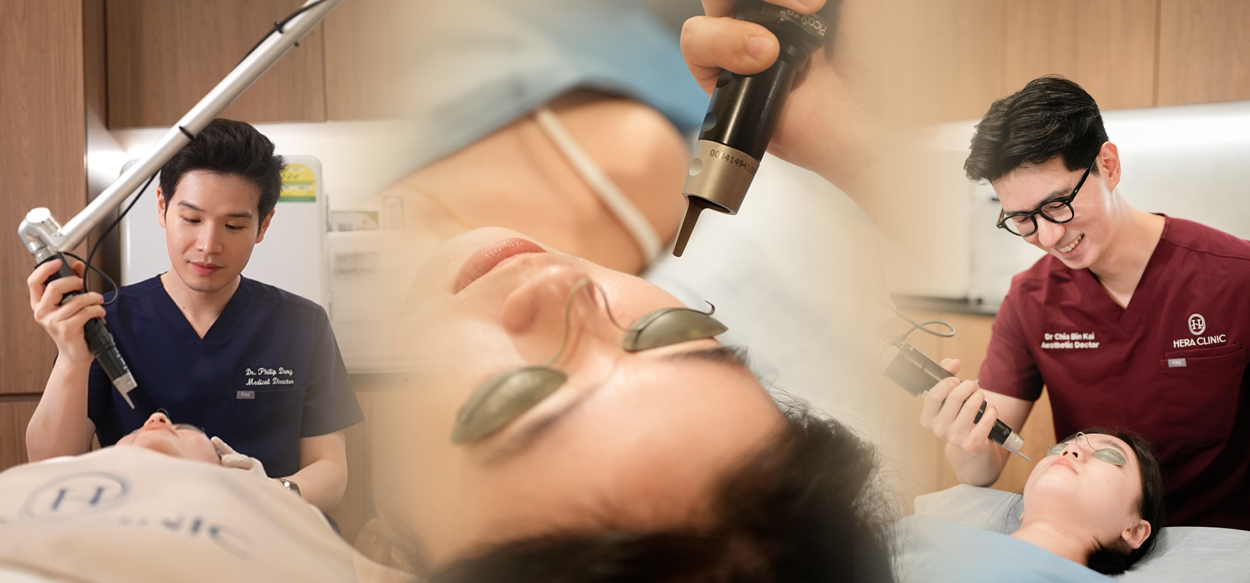 Aesthetic doctor performing PicoSure Pro laser treatment on a female patient wearing protective eye shields, with close-up of the laser device in use at a modern clinic setting.