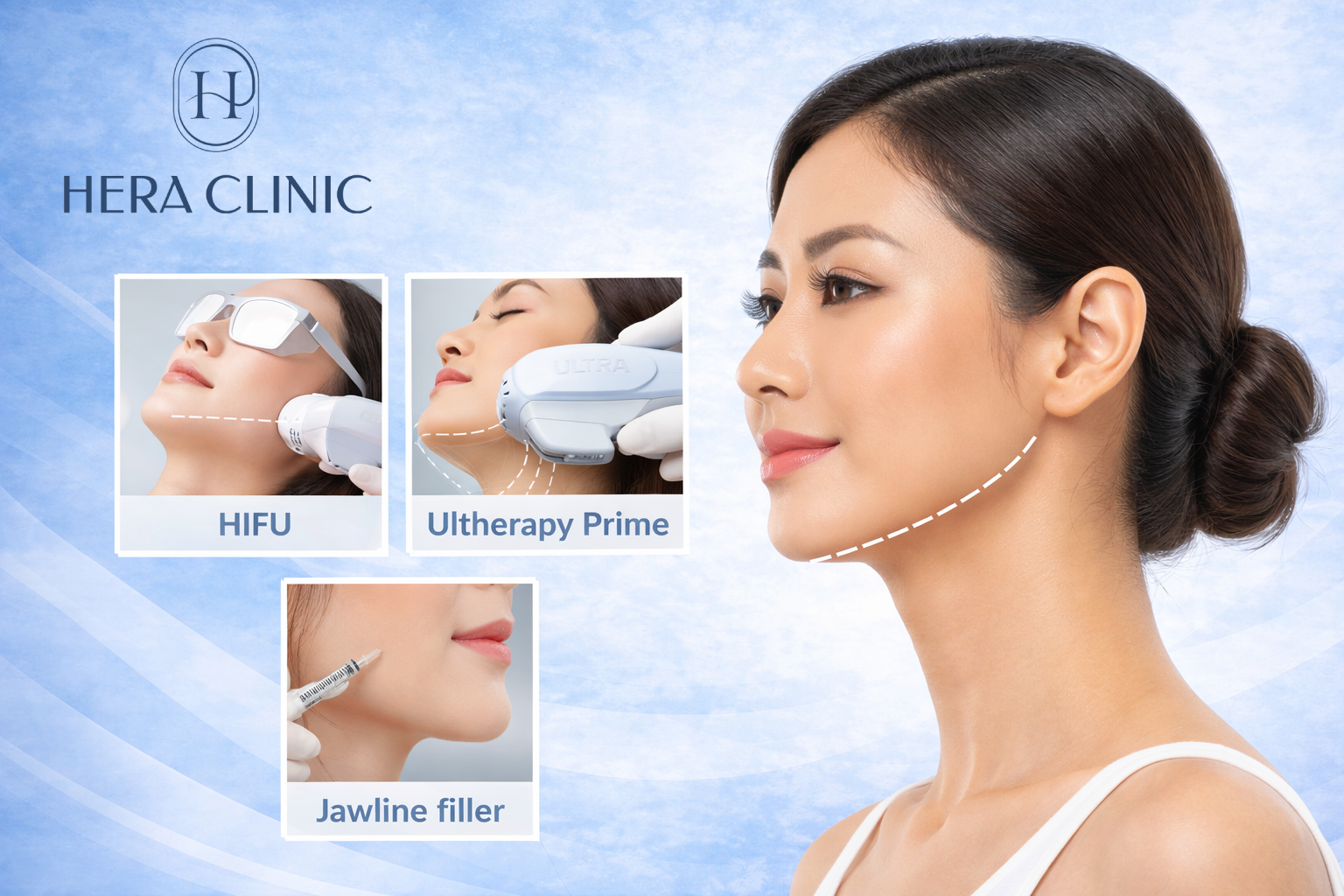Woman with a defined jawline posing against a soft blue background, alongside images showing HIFU, Ultherapy Prime, and jawline filler treatments offered by Hera Clinic.